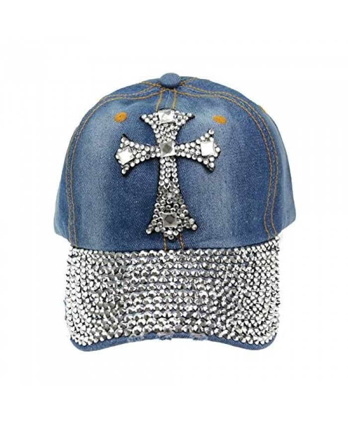 CHUANGLI Denim Cap Cross Studded Sparkle Rhinestone Brim Studs Baseball Cap Adjustable Sun Hat