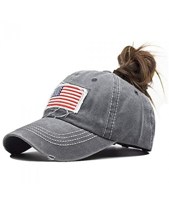 INOGIH Women American Flag Ponytail Hat Embroidery Washed-Cotton Messy Bun Baseball-Cap Adjustable