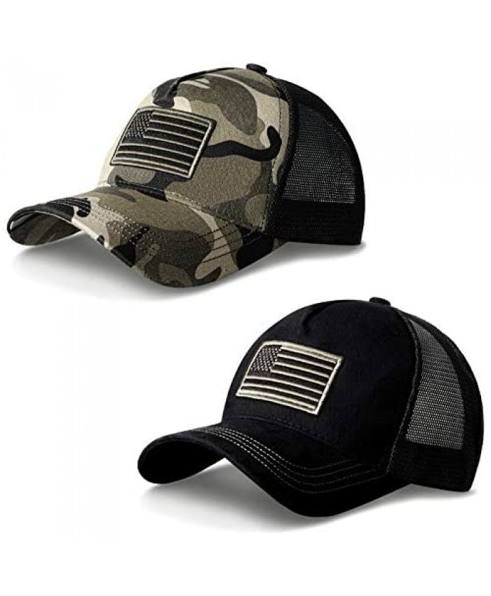 Miteen 2 Pieces American Flag Embroidered Baseball Cap with Ponytail Hole Mesh Back Cap Summer Sun Hat for Men Women Black Camouflage