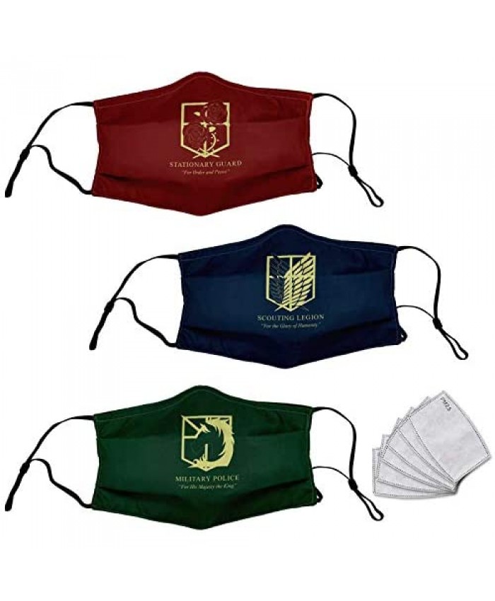3pcs Attack On Titan Face Mask with 6 Filter Washable Reusable Face Scarf with 6 Filter for Men Women Adults
