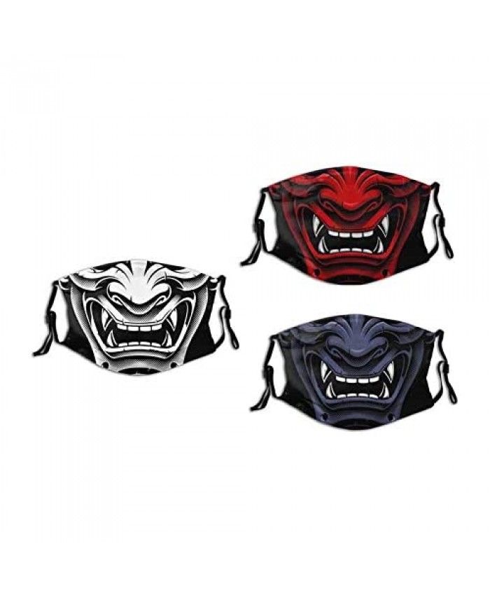 3pcs Japanese Oni Demon Face Mask With Filter Pocket Adjustable Washable Reusable Fabric Adults Face Fashion Scarf
