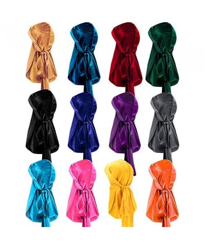 12 Pieces Velvet Durags Caps Wide Strap Headwraps Long Tail Turban Beanies for 360 Wave Men Women