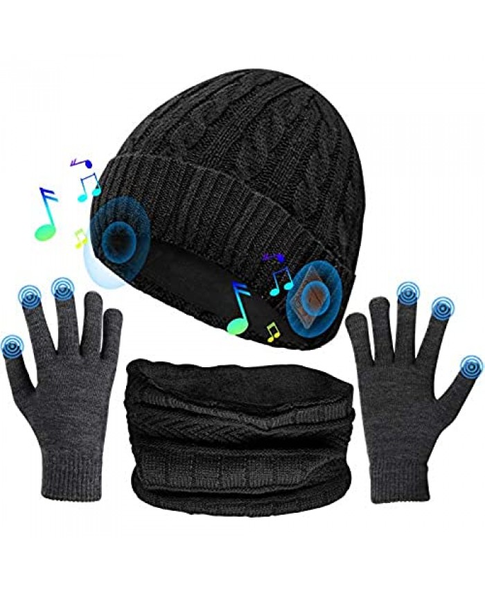 (3 in 1) Bluetooth 5.0 Music Beanie Set Cuffed Winter Hat + Touchscreen Gloves + Neck Gaiter Scarf Xmas Birthday Gift for Men Women Teenagers Black
