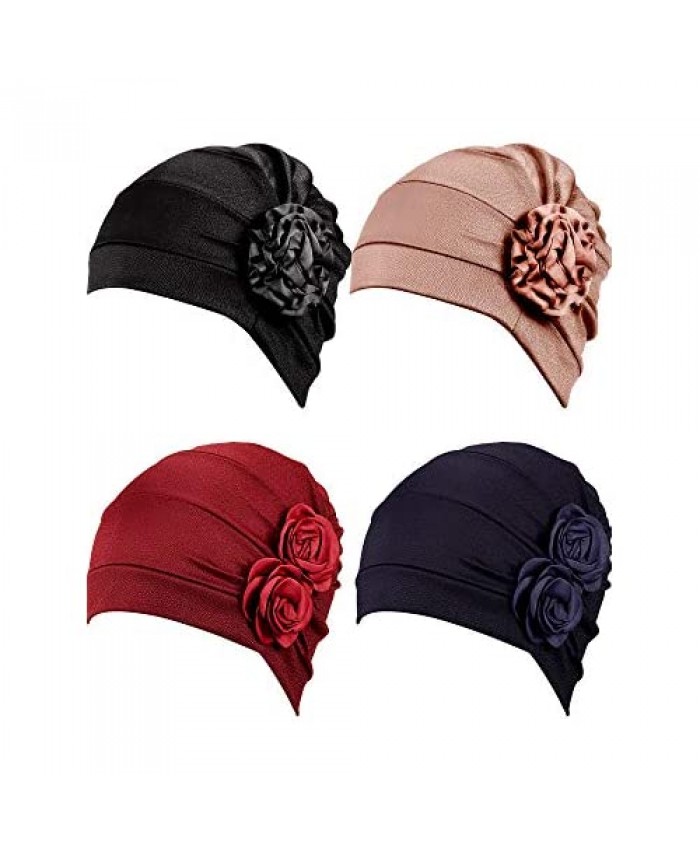4 Pieces Turban Flower Head Wrap Beanie Scarf Cap Hair Loss Hat for Men and Women (Khaki Black Wine Red Navy Blue)