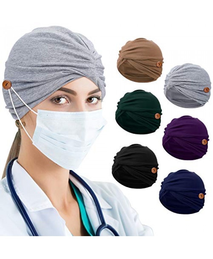 6 Pieces Women Turban with Buttons Pre-Tied Knot Pleated Turban Cap Beanie Headwrap Sleep Hat Turban Headband for Protecting Your Ears (Black Khaki Gray Purple Army Green Navy Blue)