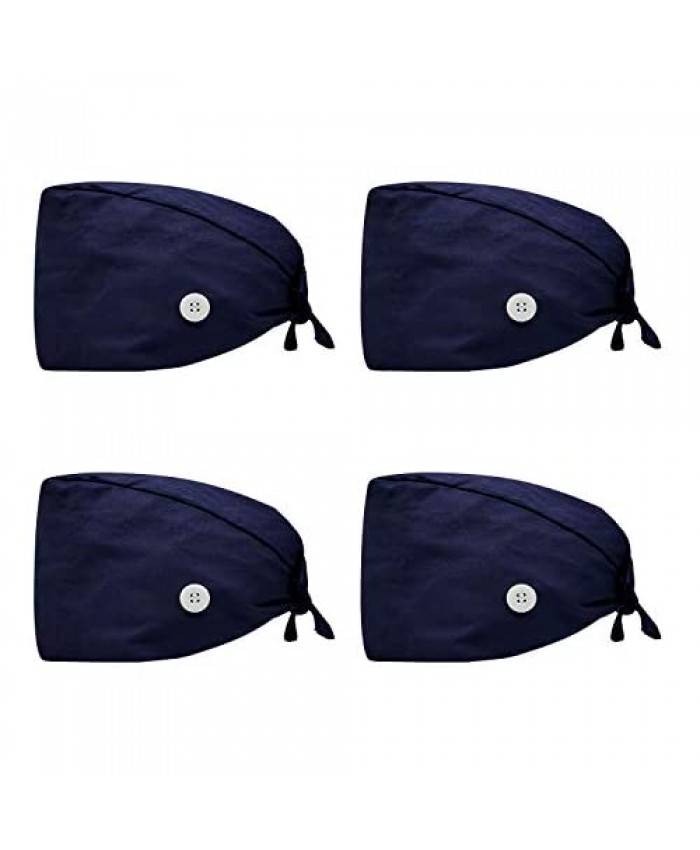 AMOCO 4pcs Scrub Caps Working Cap with Buttons and Sweatband Adjustable Tie One Size Working Hats Suit for Men and Women Navy