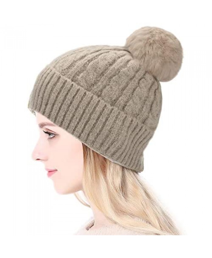 FIMILU Womens Winter Thick Cable Knit Warm Soft Hats Skull Detachable Pom Pom Cap Cuff Beanie