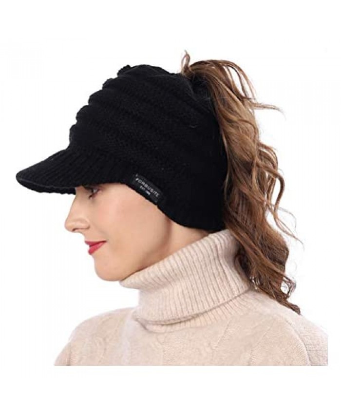 FORBUSITE Women's BeanieTail Warm Knit Hat Messy High Bun Ponytail Visor Beanie Cap B085