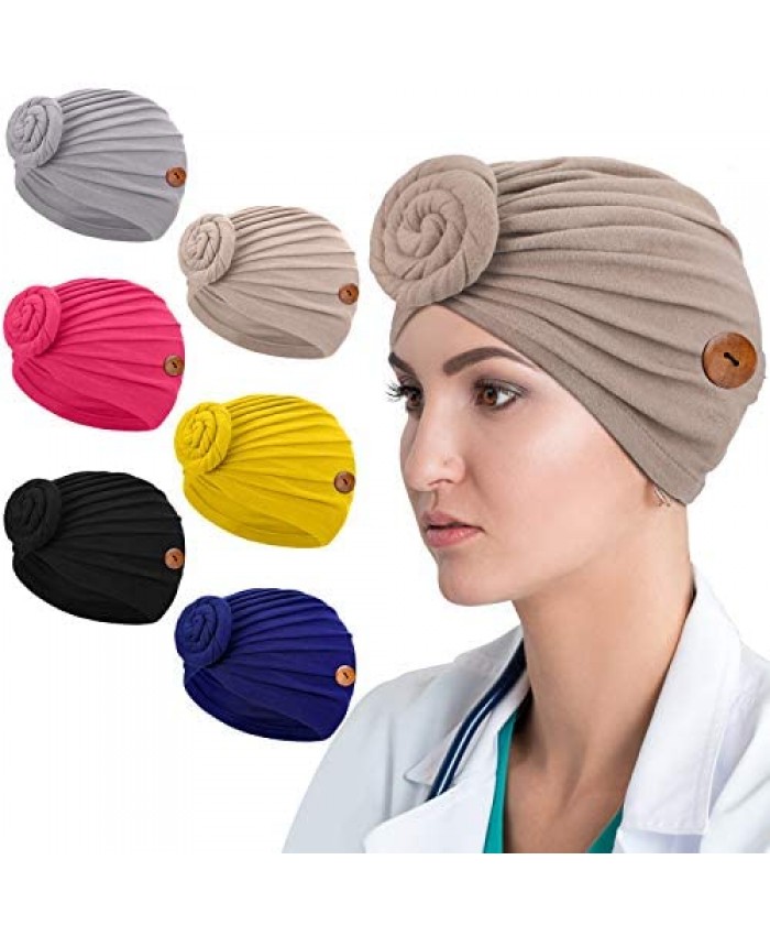 Geyoga 6 Pieces Turban African Knot Headwrap Turban with Buttons Beanie Cap for Women