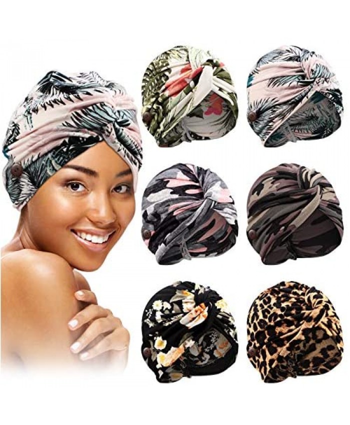 Geyoga 6 Pieces Women Turbans with Buttons Pre-Tied Knot Beanie Cap Sleep Hat