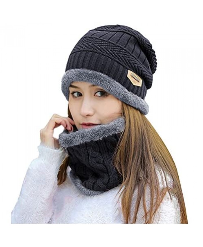 HINDAWI Winter Hat Scarf for Women Thick Knit Skull Cap Infinity Scarves Warm Snow Slouchy Beanies Black