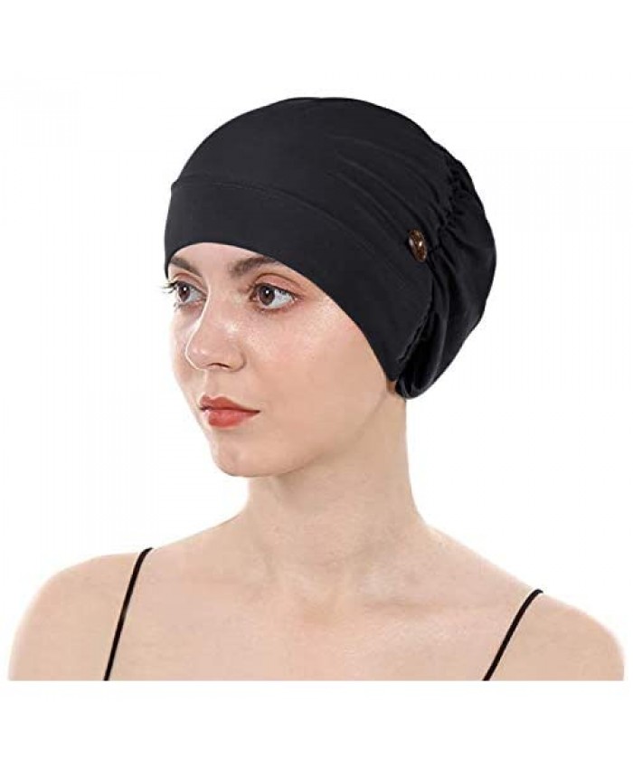 Holiberty Women Beanie Cap Muslim Cap Elastic Sleeping Hats Button Headwrap Hair Loss Hat
