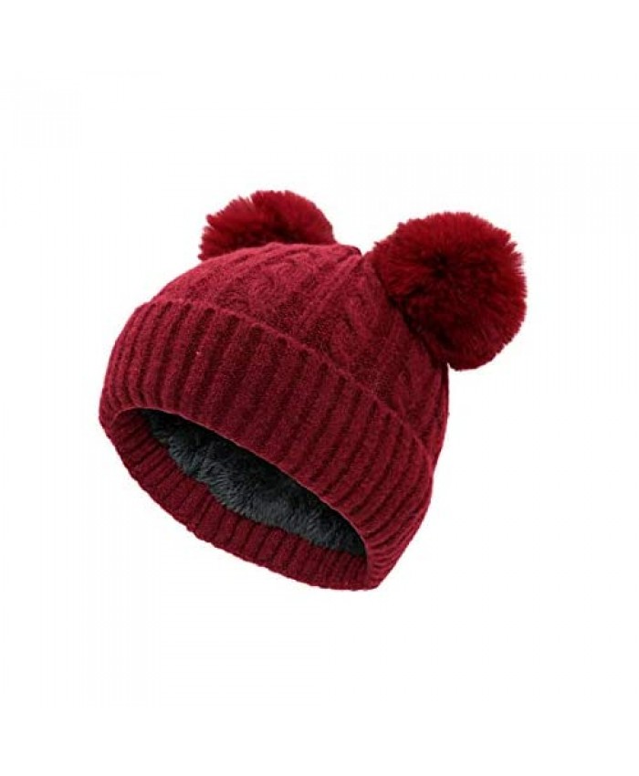 Lenmipot Womens Pompoms Beanie Hat Fleece Lined Thick Cap Faux Fur Knit Hat High Stretch Warm Winter Hat