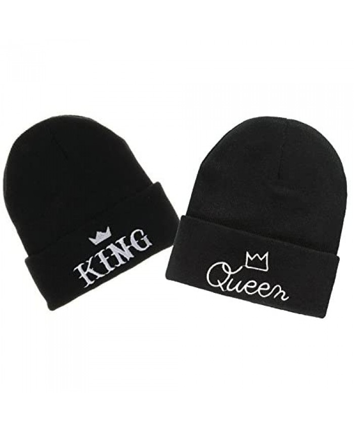 MIUNIKO Couples Lovers Fashion King and Queen Winter Warm Knit Skull Cap Ski Beanie Hats 2-Piece Set Black