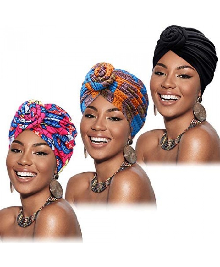 Mudder 3 Pieces Women African Turban Pre-Tied Knot Headwrap Beanie Bonnet Cap Hair Loss Hat
