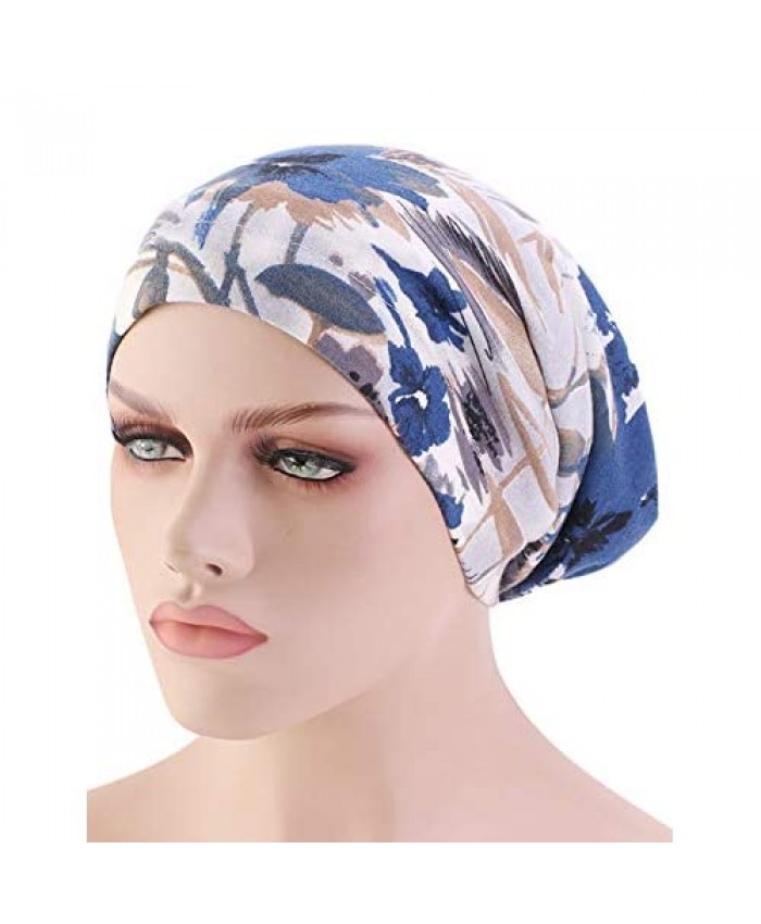 Satin Lined Sleep Cap Elastic Band Slouchy Sleeping Bonnets for Women Men Curly Hair Slap Cover Floral Blue
