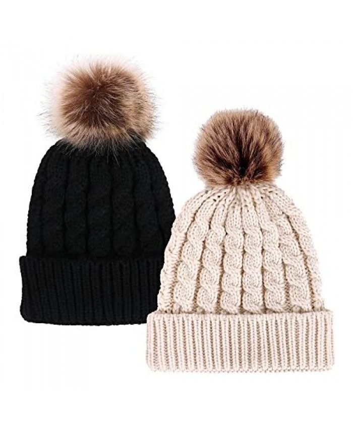 Simplicity Womens Winter Hand Knit Faux Fur Pompoms Beanie Hat