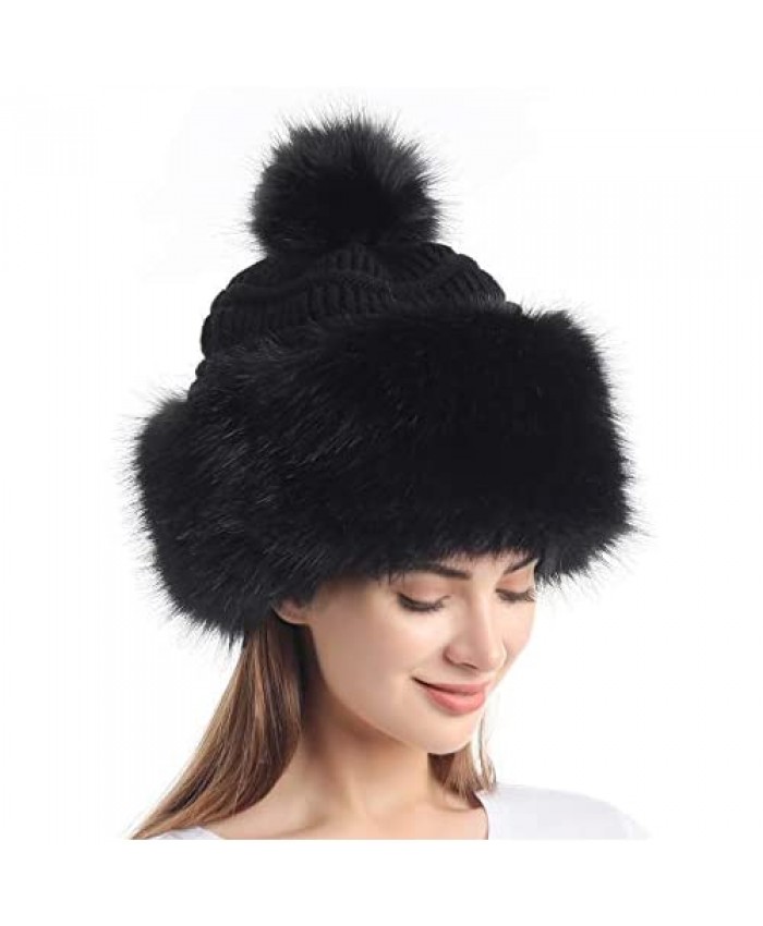 Soul Young Women's Faux Fur Hat Black Russian Cossack Knit Pompom Ski Snow Cap for Winter White