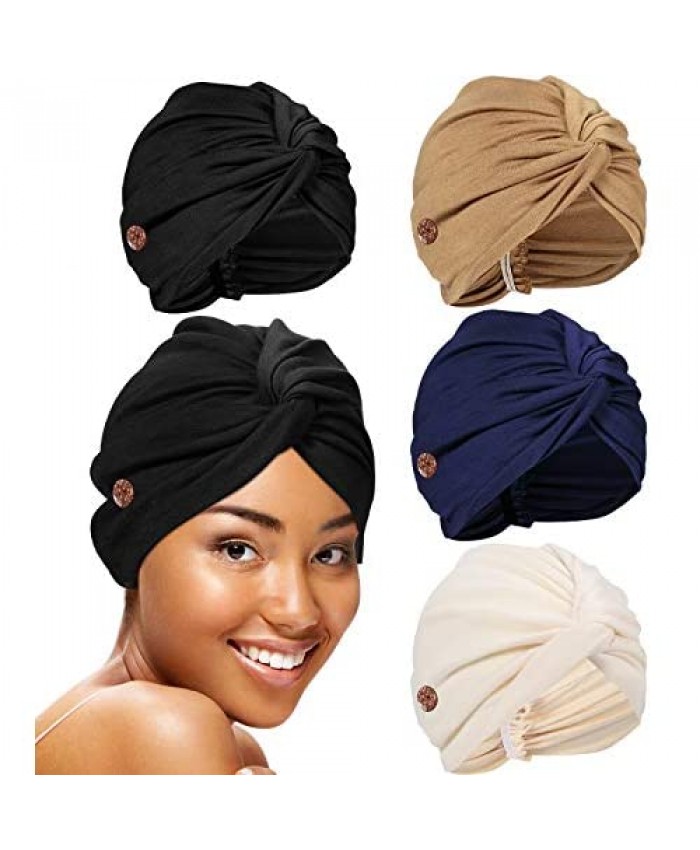 Syhood 4 Pieces Women Turban with Buttons Pre Tied Knot Turbans Cap Headwrap Sleep Hat