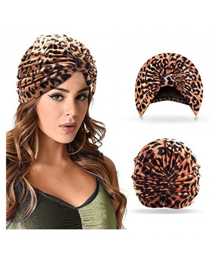 Tiegan Women’s Velvet Leopard Print Turban Hat Elastic Sleep Bonnet Chemo Cap Hat Wrap Cover
