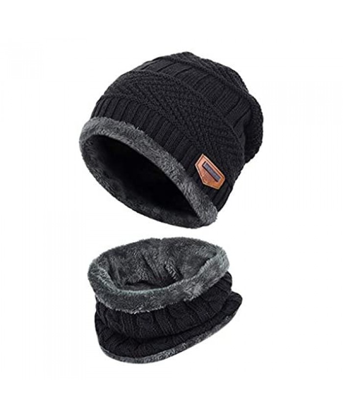 Winter Beanie Hat Scarf Set Fleece Liner Warm Knit Hat Thick Knit Skull Cap Outdoor Sports Hat Sets for Men Women
