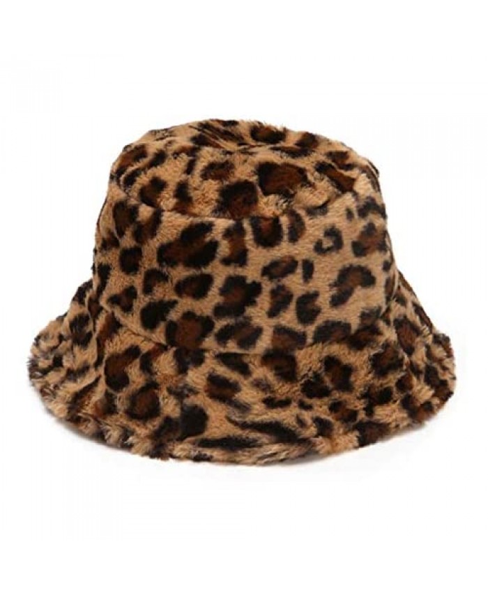 Women's Leopard Print Faux Fur Bucket Hat Fluffy Winter Warmer Plush Fisherman Cap Warm Windproof Hat for Women for Girls
