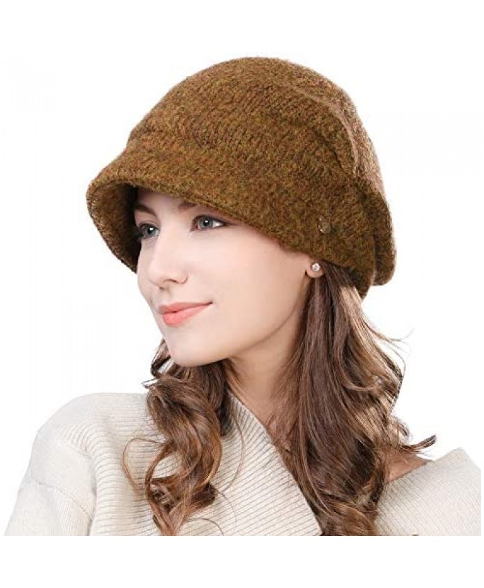 Womens Wool Visor Beanie Crochet Knit Newsboy Beret Cap Cold Weather Winter Hat Ladies Fashion Fleece Brown