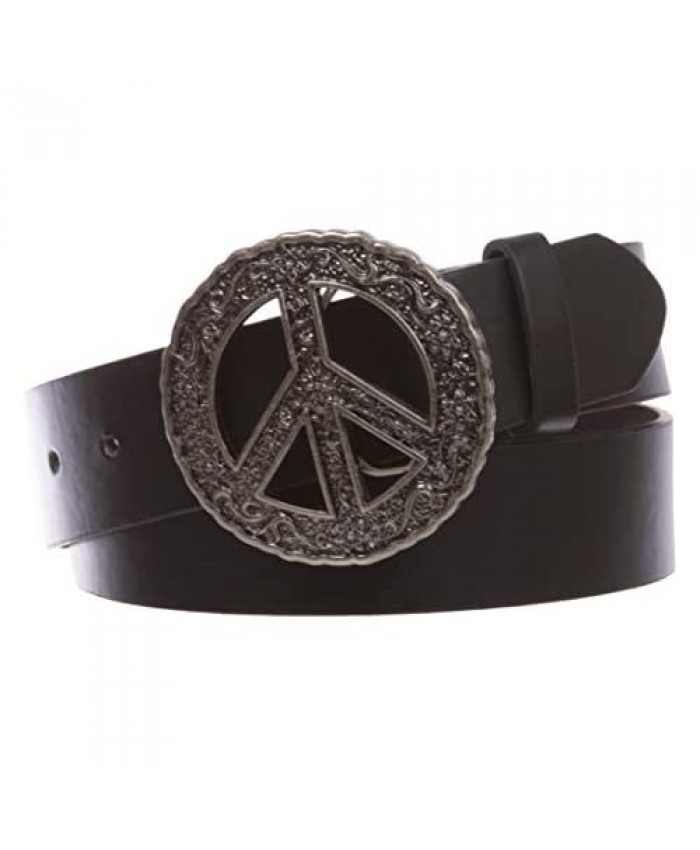 1 1/2 Snap On Belt With Round Perforated Floral Engraving Peace Sign Belt Buckle