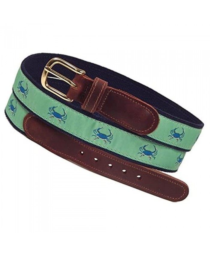 Preston Leather "Blue Crab on Green" Belt Sizes 30 to 48 Mint Green
