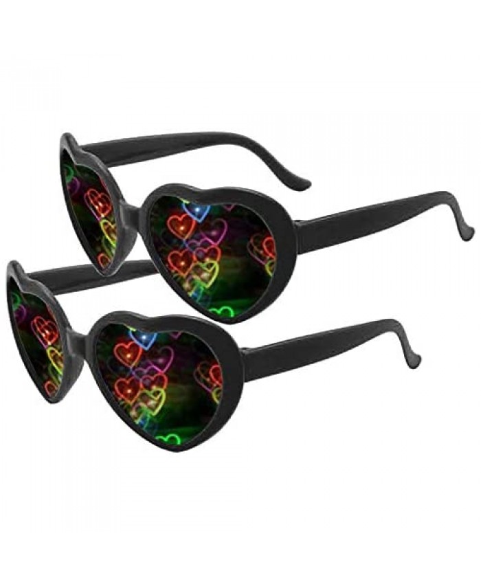 2 Pairs Heart Effect Diffraction Glasses - See Hearts! - Unisex Adults Raves Music Festivals Glasses Special Effect EDM Festival Light Changing Eyewear