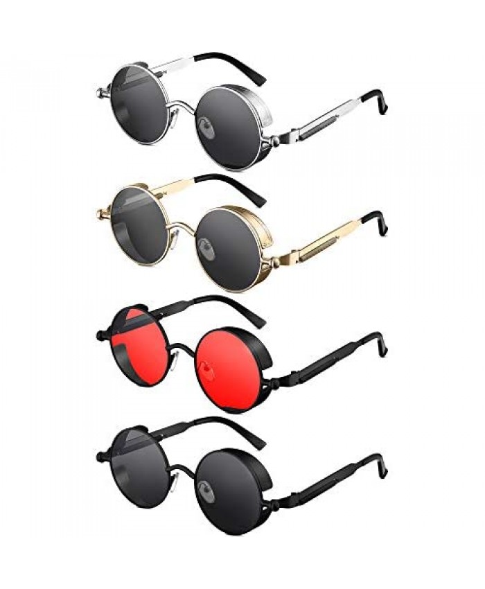4 Pieces Retro Round Steampunk Sunglasses Vintage Hippie Style Circle Lens Metal Frame Eyewear for Men Women
