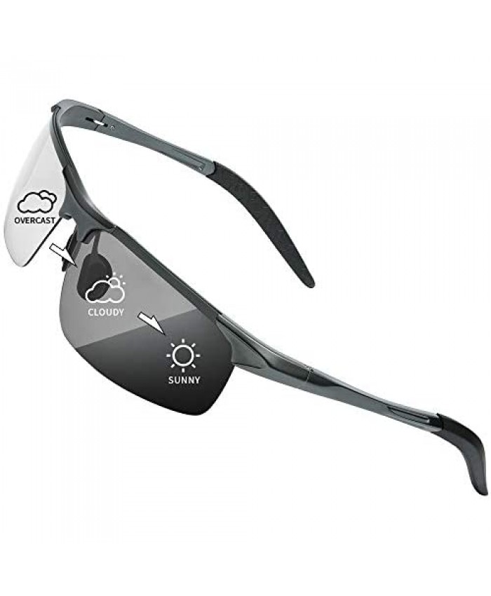 Photochromic Sunglasses Polarized 100% UV Protection Wrap Around Sunglasses Al-Mg Metal Frame for Men Sports Driving Fishing
