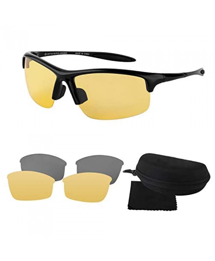 Polarized Sports Day/Night Driving Glasses Sunglasses for Men Women with 2 Interchangeable Anti Glare Polarized Lenses