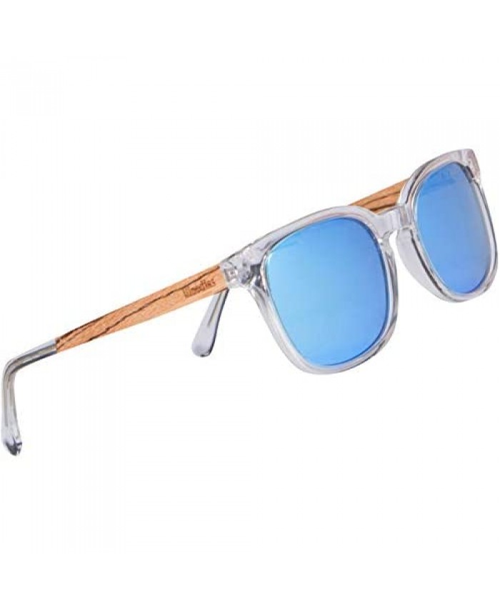 WOODIES Polarized Clear Acetate Wood Sunglasses in Wood Display Box for Men and Women | Blue Polarized Lenses and Real Wooden Frame | 100% UVA/UVB Ray Protection