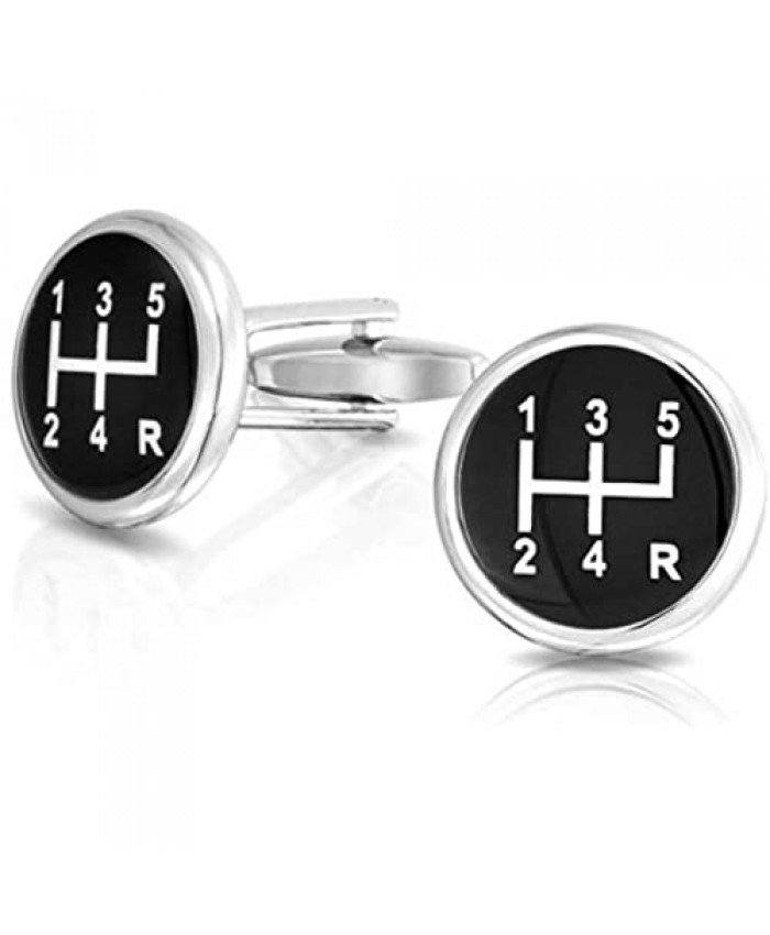 Bling Jewelry Sports Fan Race Car Driver Black White Vehicle Gear Shift Shirt Cuff Links for Men Executive Graduation Gift Bullet Hinge Back Silver Tone Stainless Steel