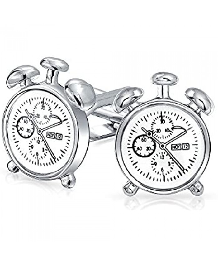 Bling Jewelry Time is Ticking Stop Watch Alarm Clock Shirt Cufflinks for Executive Men Graduation Gift Bullet Hinge Back White Silver Tone Stainless Steel