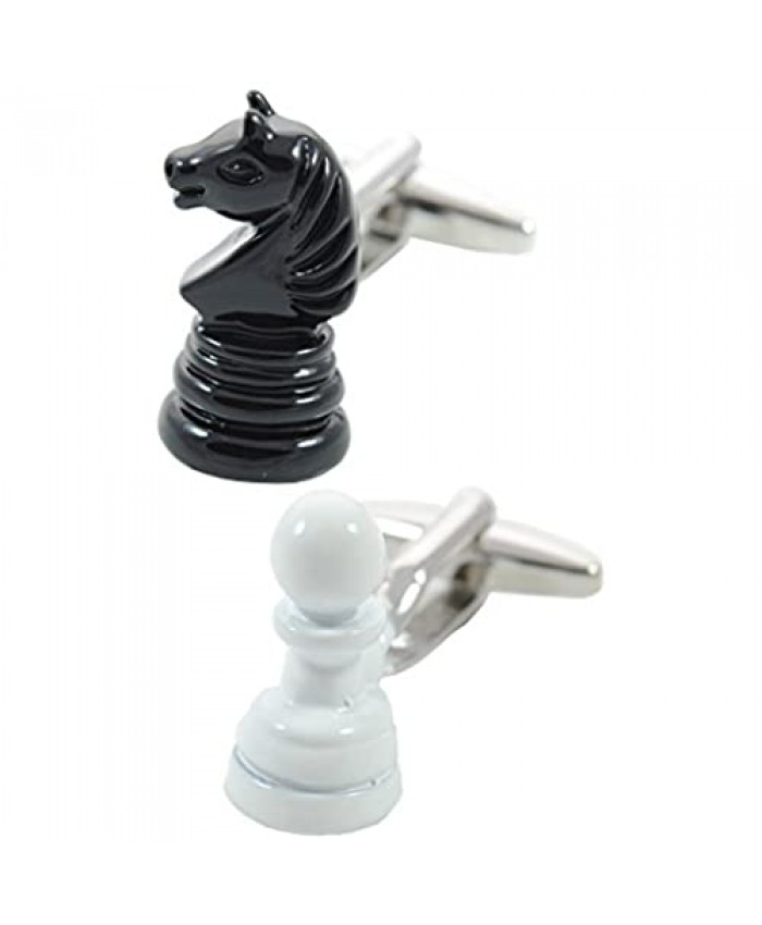 COLLAR AND CUFFS LONDON - Premium Cufflinks with Gift Box - Chess Piece - Solid Brass - Iconic Knight and Pawn - Board Game Hobby - Black and White Colors