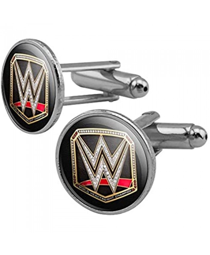 GRAPHICS & MORE WWE World Heavyweight Champion Title Logo Round Cufflink Set Silver Color