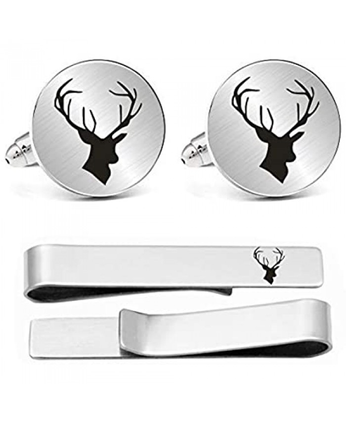 Kooer Stainless Steel Engraved Deer Head Cufflinks Buck Stag Cuff Links Tie Bar Set Men's Jewelry Gift for Husband Father Dad Boyfriend