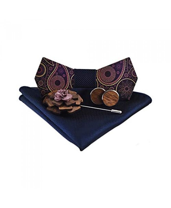 Mens Paisley Floral Wood Bowtie Handkerchief Cufflinks Lapel Pin Set For Wedding