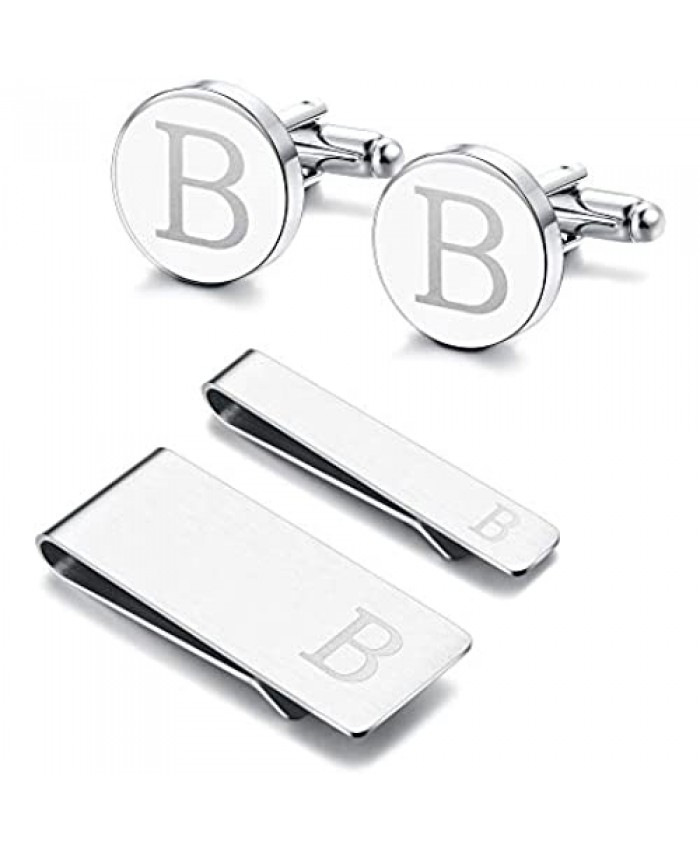 Subiceto 4 PCS Tie Bar Money Clip Cufflinks for Men Stainless Steel Personalized Initials Alphabet A-Z Business Gift Set