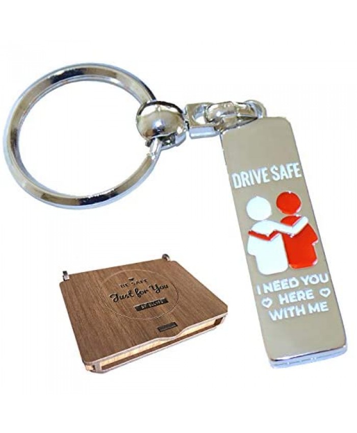 Drive Safe Keychain with Wooden Gift Box for Valentines Day Keychains Boyfriend Brother Gifts Mom Grandpa Dad Father's Day Key Chain I Need You Here With Me Birthday Gift in Love Giftbox by Ellyfs