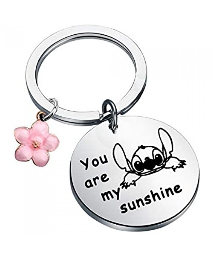 FAADBUK Funny Stitch Keychain Lilo Inspired Gift You are My Sunshine Jewelry Ohana Keychain Hibiscus Flower Charm Jewelry