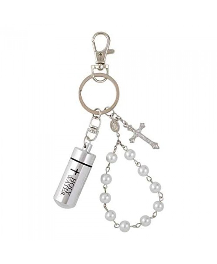 Holy Water Keychain with 1 Decade White Bead Rosary Key Chain Accessory 4 1/2 Inches