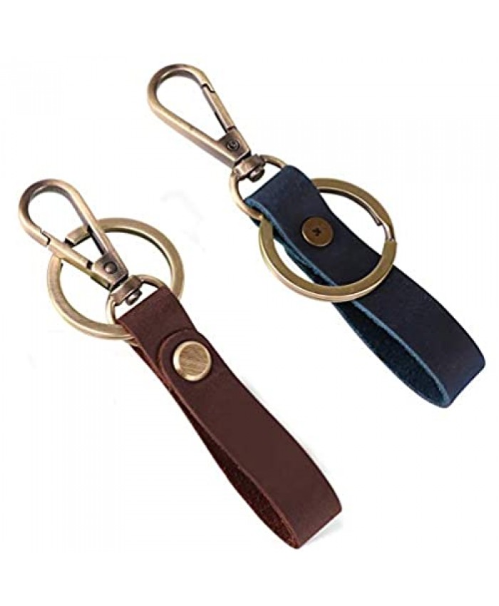 Leather Valet Key Chain with Belt Loop Clip for Keys and Carkey 2Pack(Blue and Dark Brown)