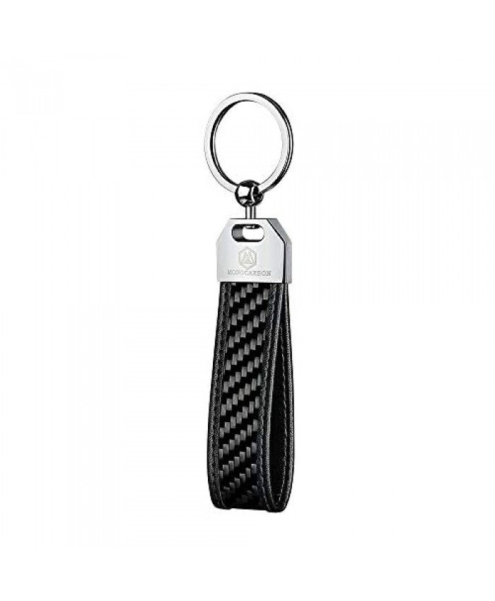 MONOCARBON Real Carbon Fiber Key Chain with Real Leather Edges Keychain for Men Black