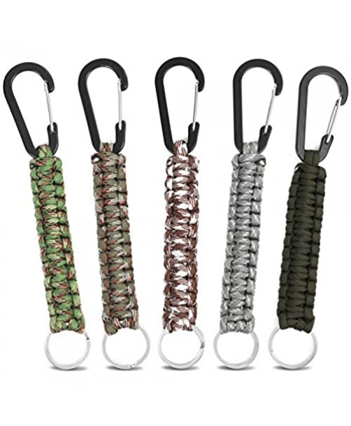 Paracord Keychain with Double Carabiner (0.8 x 7.5 In 5 Colors 5 Pack)