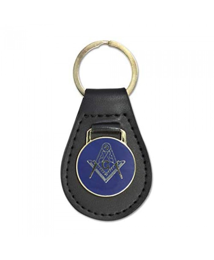Square & Compass Black Leather Medallion Masonic Key Chain - [Blue & Gold][3 1/8'' Tall]