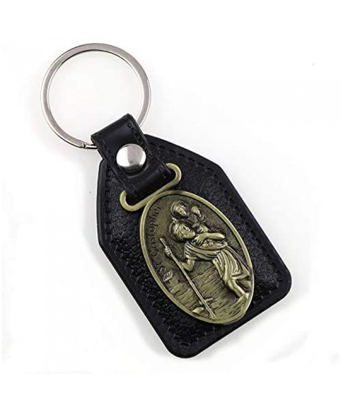 St Christopher Medal for Car Leather Keychain Drive Safe Keychain Jewelry Alloy Car Key Chain for Men Women Gifts for Men Women YWLI