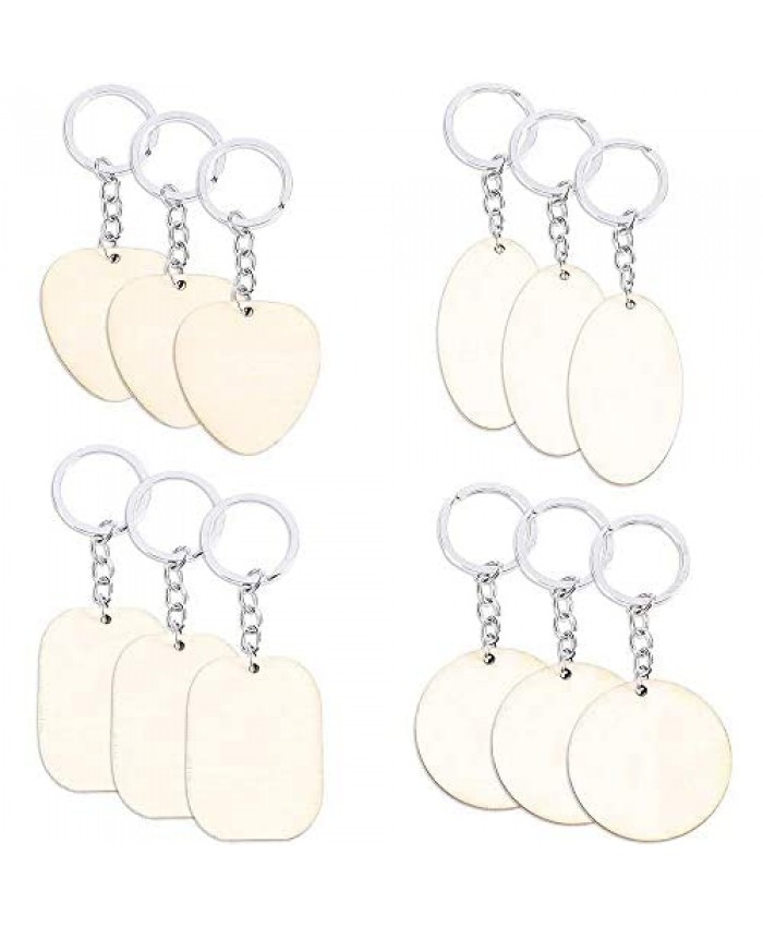 Wood Keychain Blanks Round Oval Heart and Rectangle for Crafts (12 Pack)